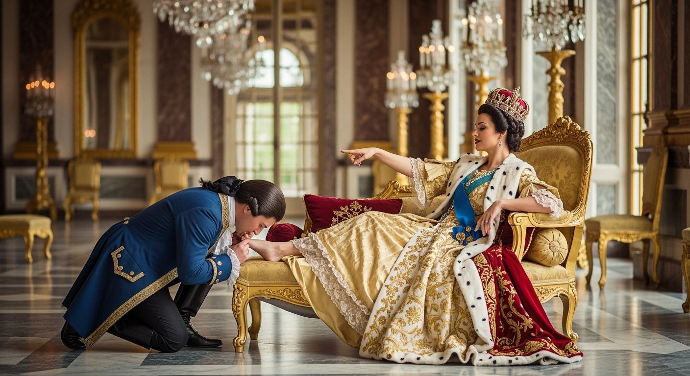 French Empress Lounging, Courtier Kissing Feet, Photorealist...