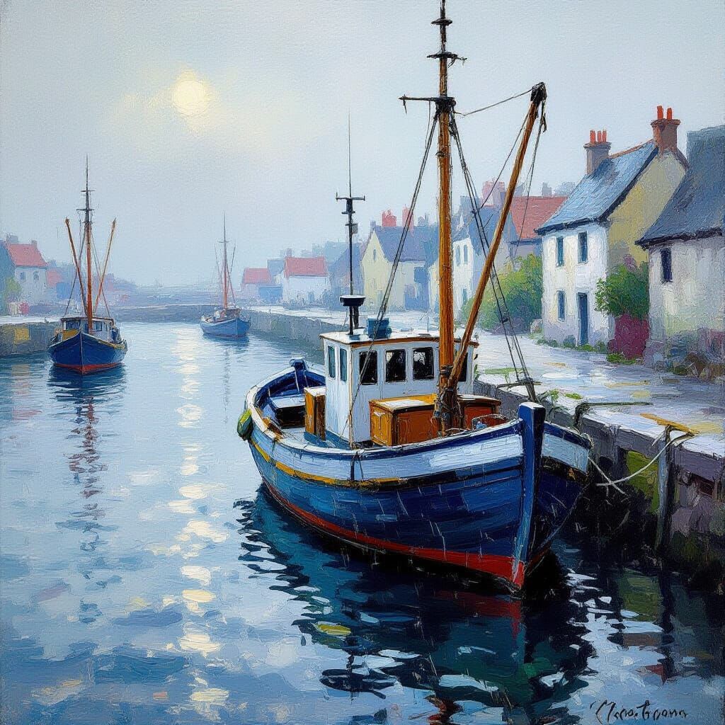 Impressionist Oil Painting Of Fishing Boat In Misty Harbor