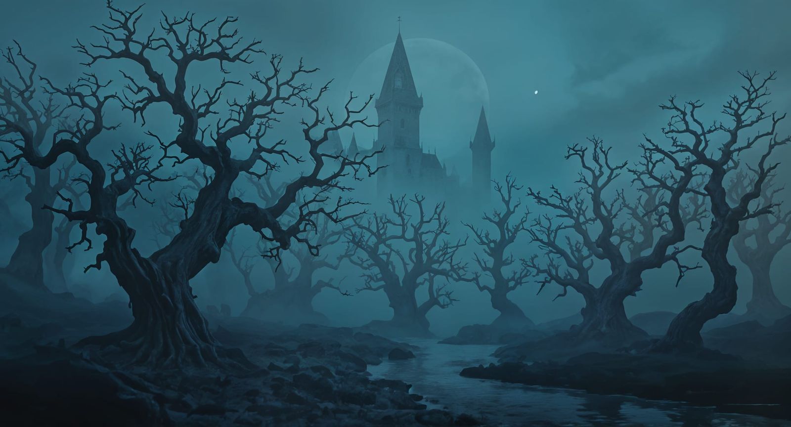 Surreal Haunted Forest with Crescent Moon