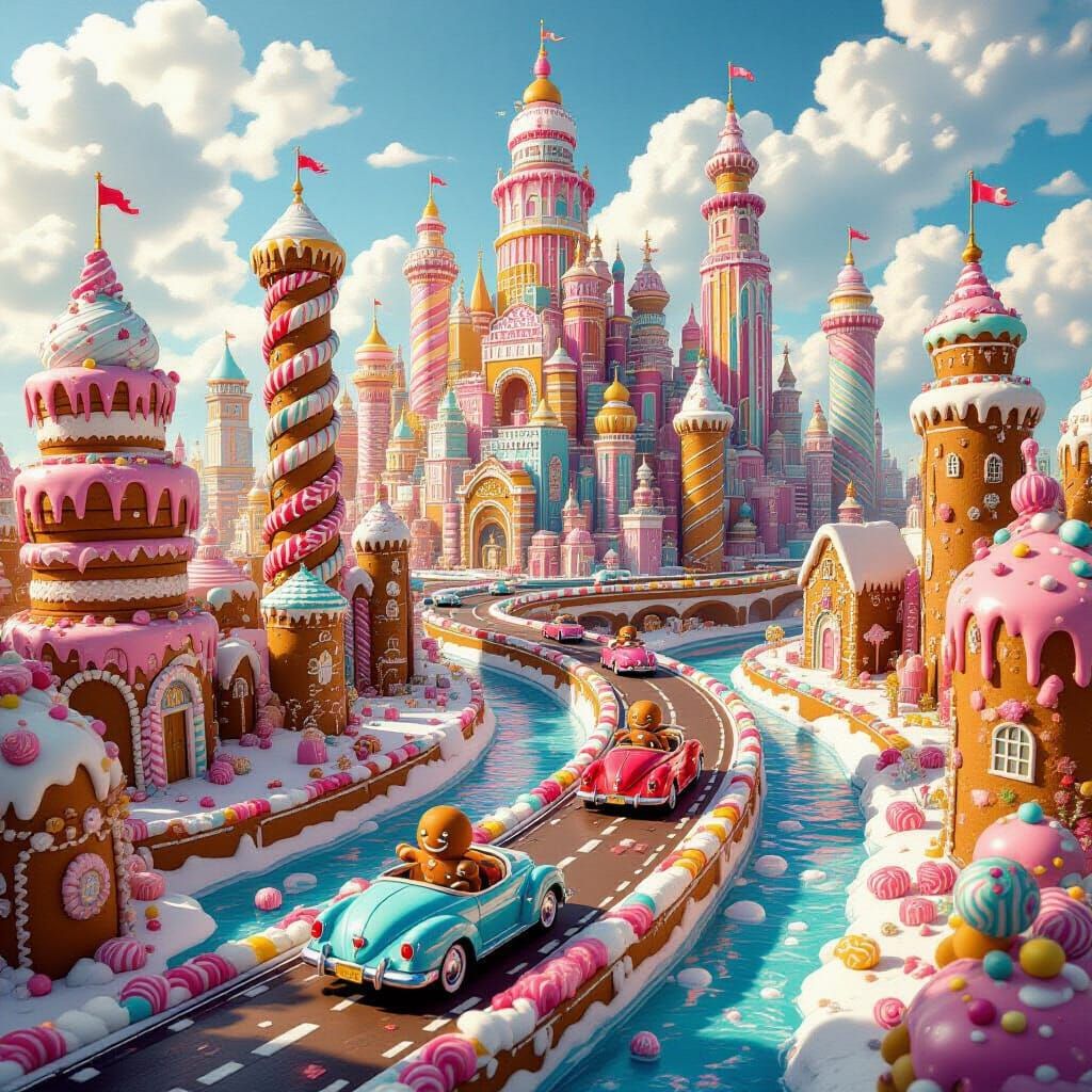 Futuristic Candy City with Gingerbread Men