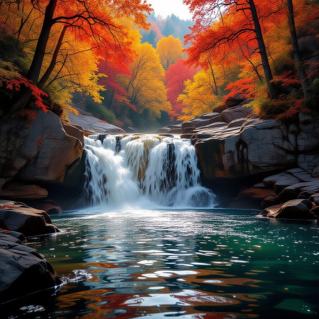 Autumn Forest Reflection on Rushing Waterfall