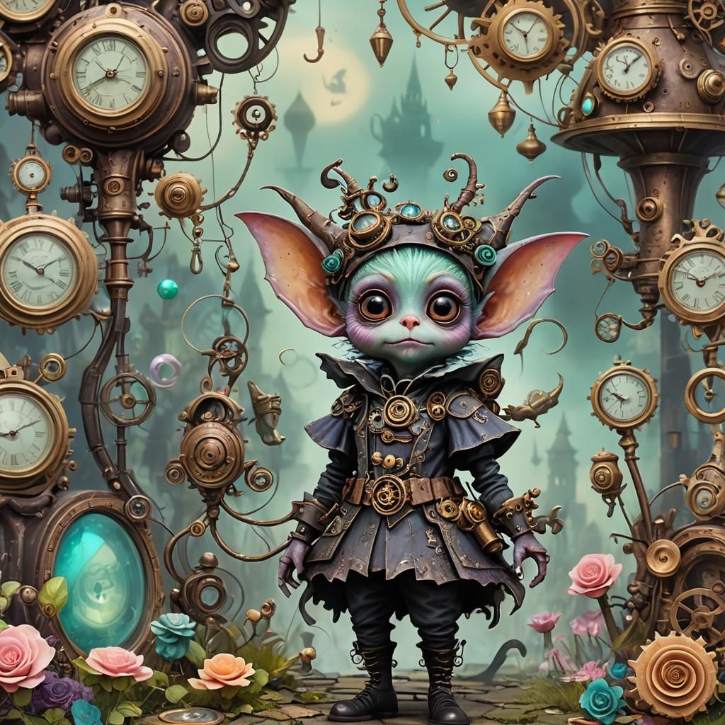 Whimsical Steampunk Goblin in Dreamy Pastel Mist
