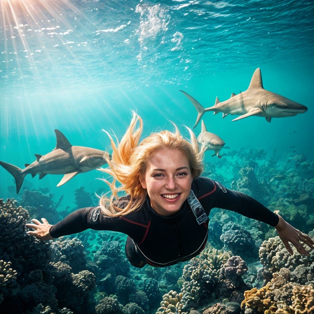 Woman Free Diving with Reef Sharks