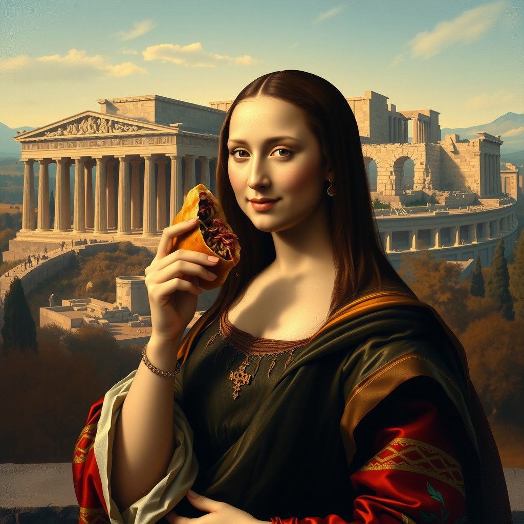 Mona Lisa Enjoys Gyro with Acropolis View