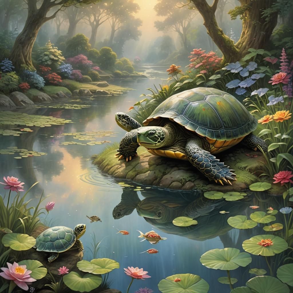 Ethereal Turtle in Pond: A Thomas Kinkade Fantasy