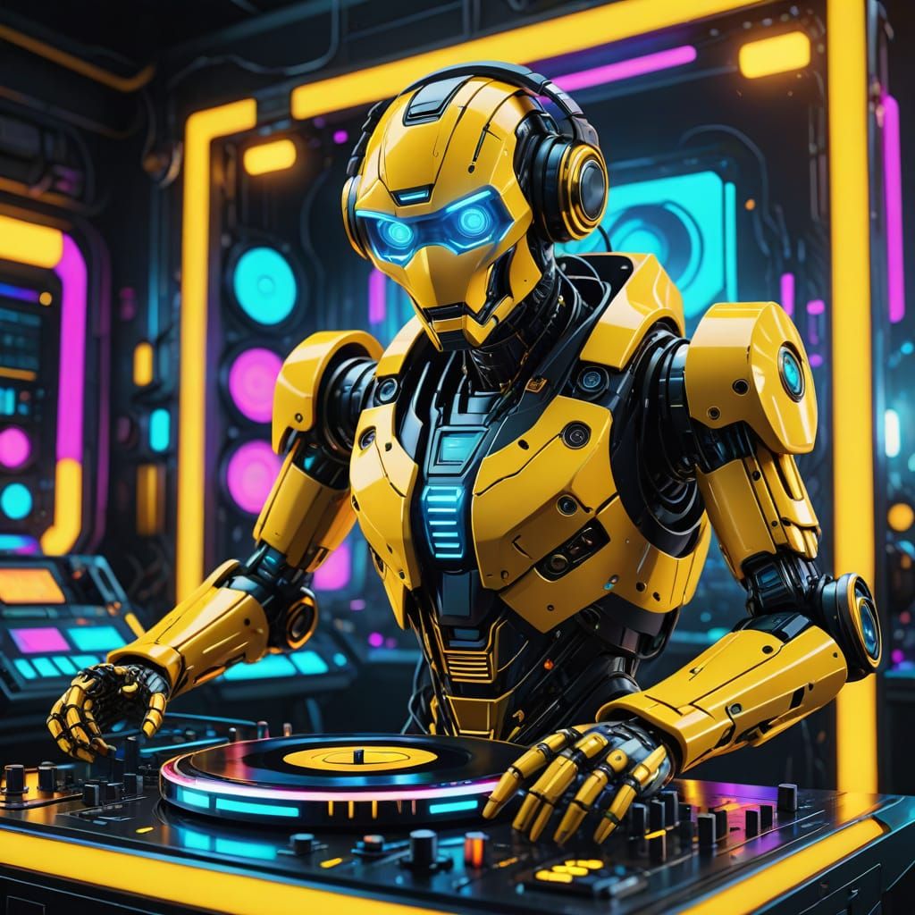 Vibrant Robot DJ Spins Records in Neon-Lit Futuristic Club