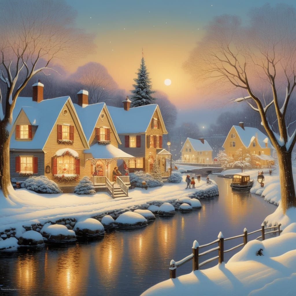 Peaceful Christmas Village Scene in Warm Golden Hues