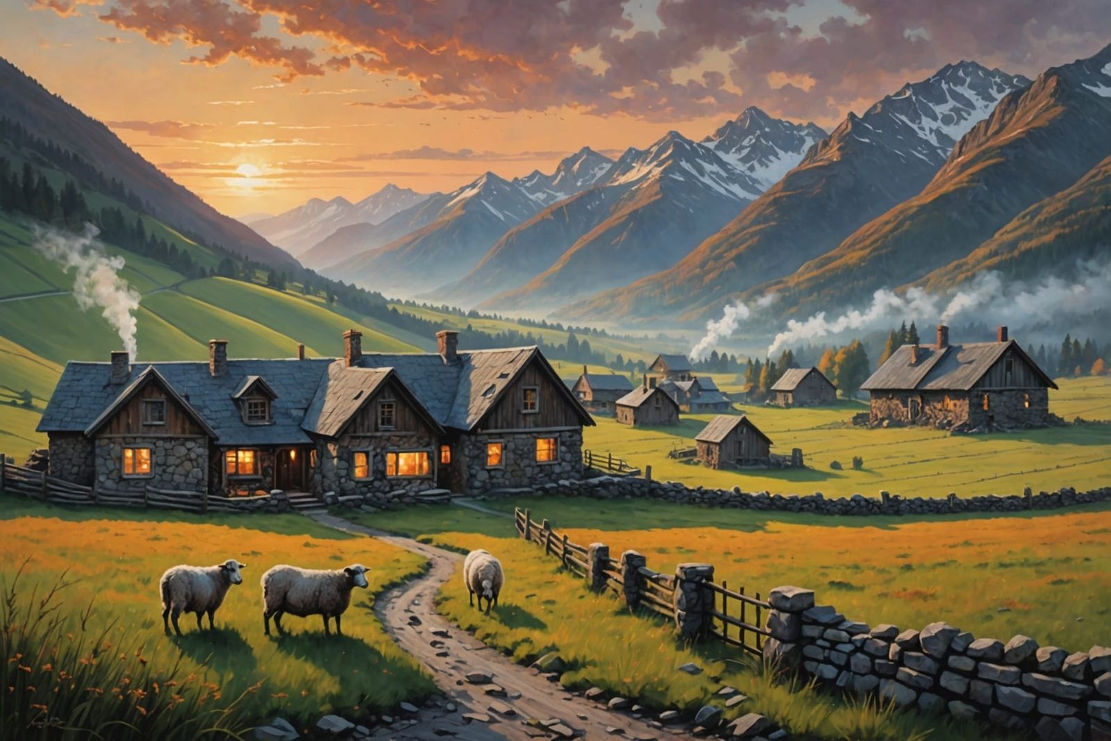 Mountain Homes in Morning Mist: Acrylic Painting
