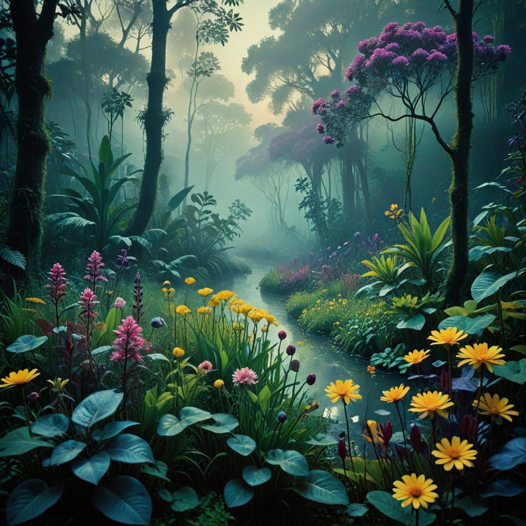 Mystical Jungle Oasis in Vibrant, Dreamlike Colors