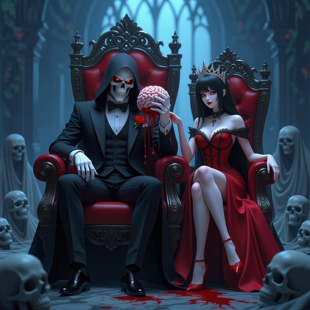 Grim Reaper and Queen on Skull Thrones in 3D Anime Style