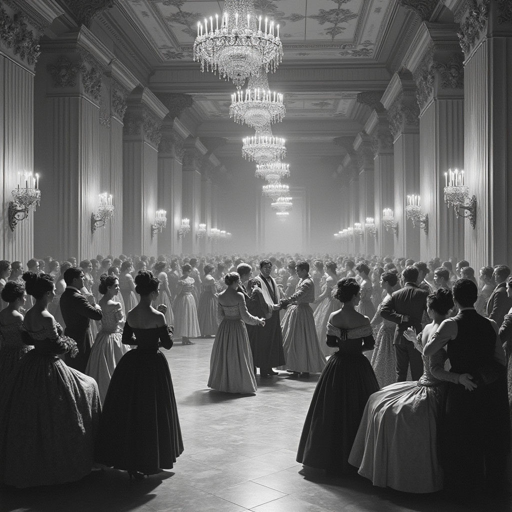 Imperial Ballroom Scene in Pen-and-Ink Style