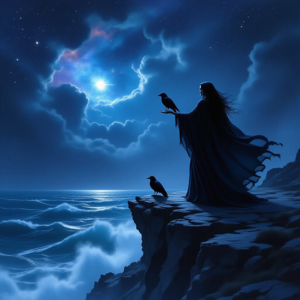 Witch on Windswept Cliff Overlooking Cosmic Sea