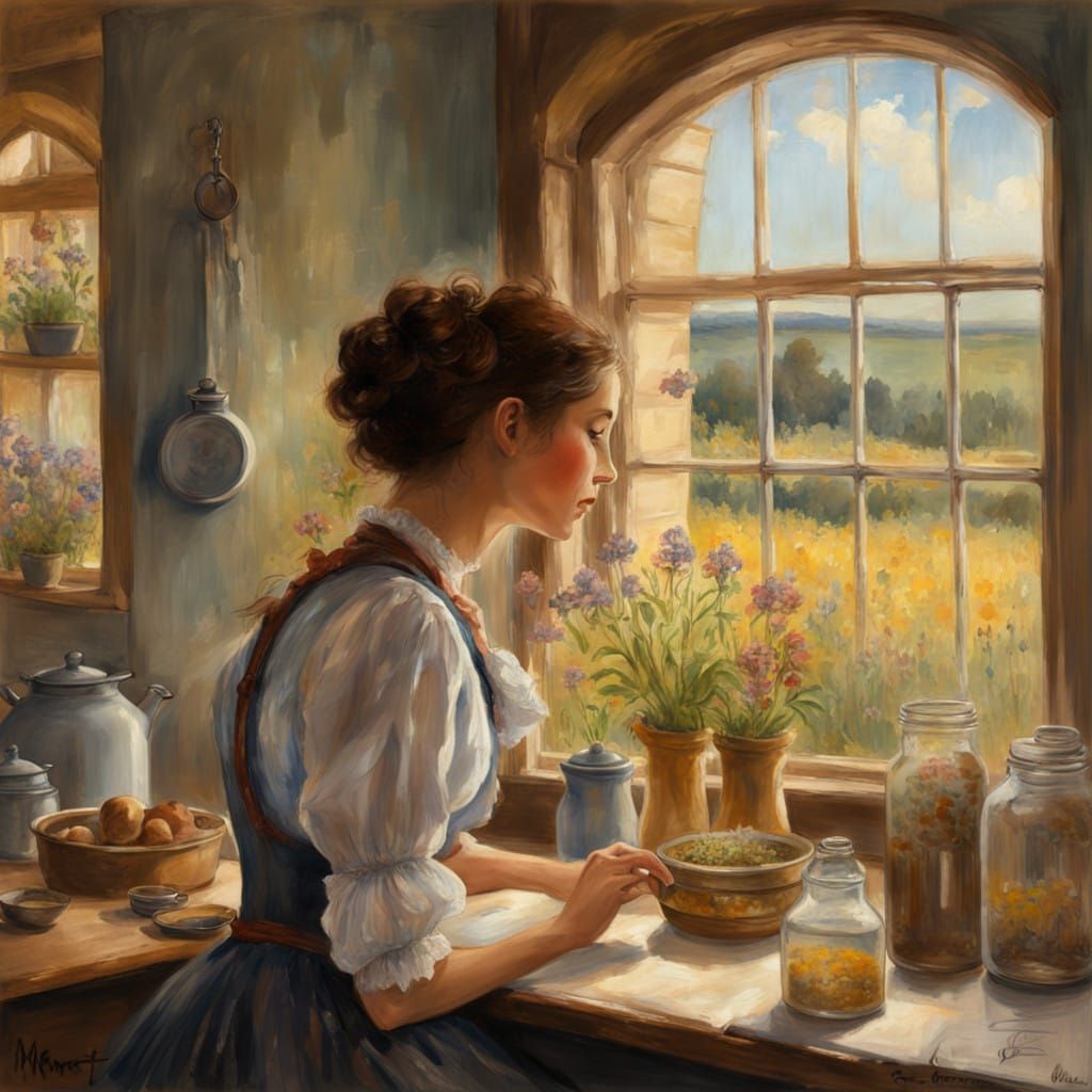 Steampunk Lady Contemplates Wildflowers in Impressionist Mas...