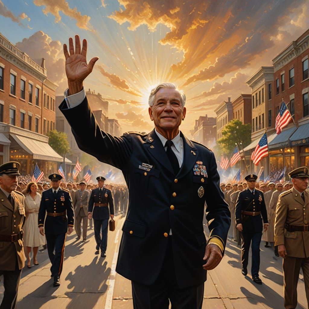 Veteran Waving at Parade in Majestic Oil Painting