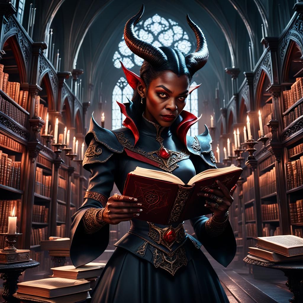 Demonic She-Devil Reads in Infernal Library