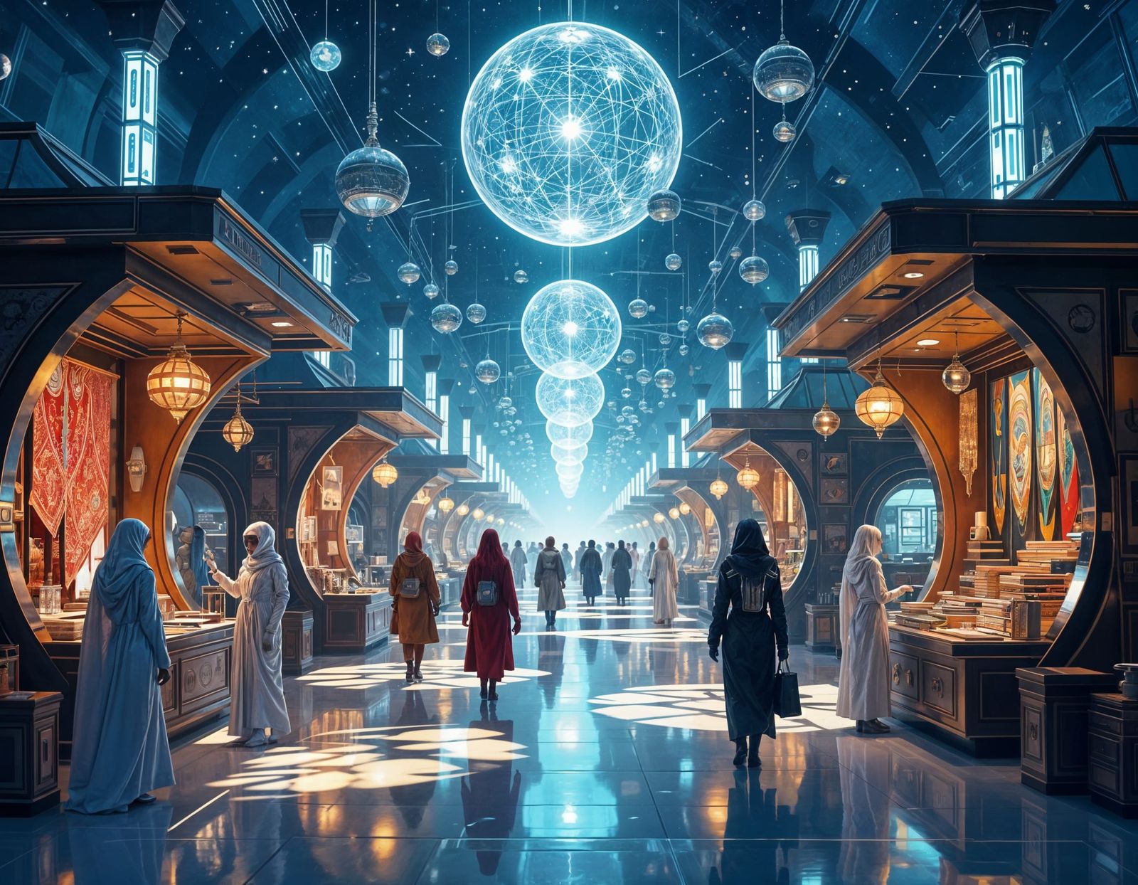 Cosmic Bazaar in Zero Gravity, Art Deco Style