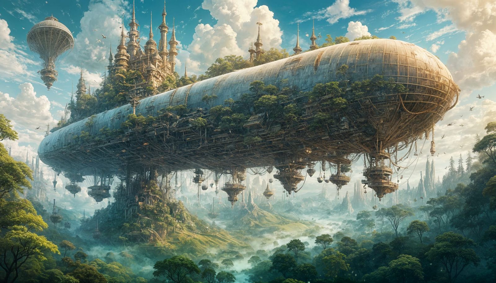 Futuristic Airship Floats Above Surreal Forest