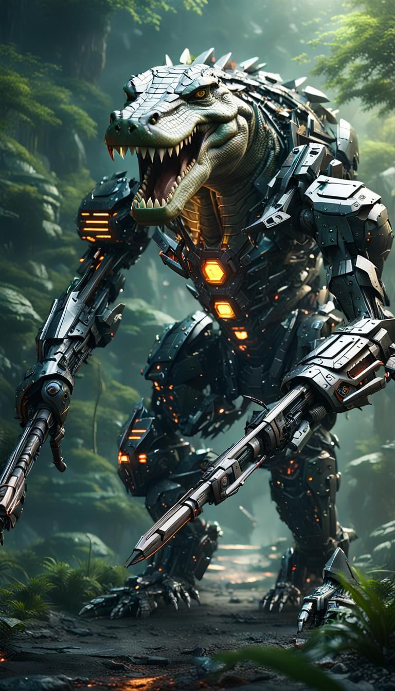 Cyborg Crocodile Jungle Protector in Sci-Fi Style