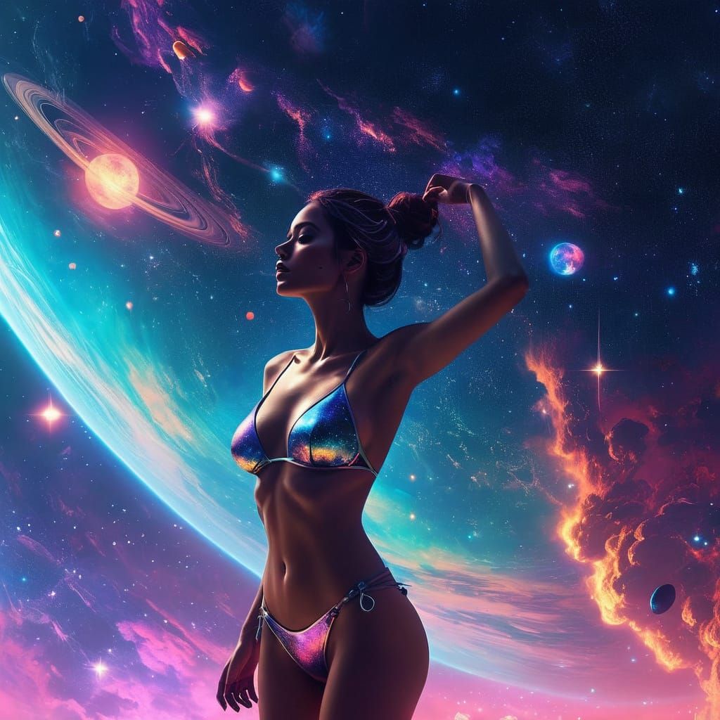 Celestial Woman in Bikini Amongst Stars: Sci-Fi Art