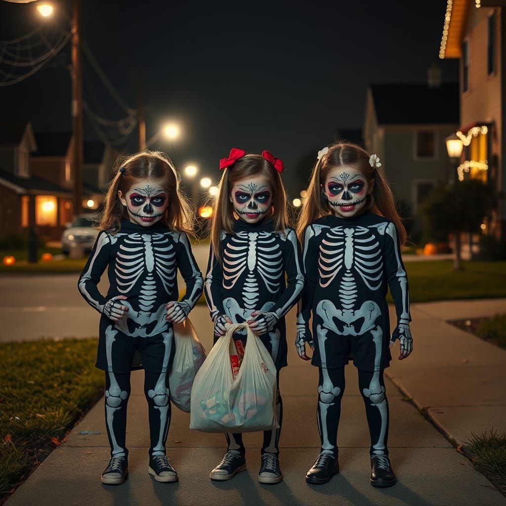 Halloween Skeletons: Girls in Costume on Suburban Street