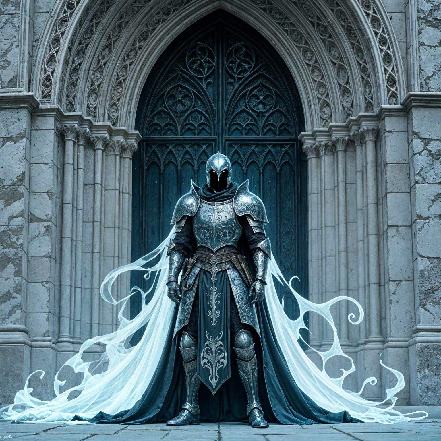 Spectral Knight Guards Gothic Cathedral Entrance
