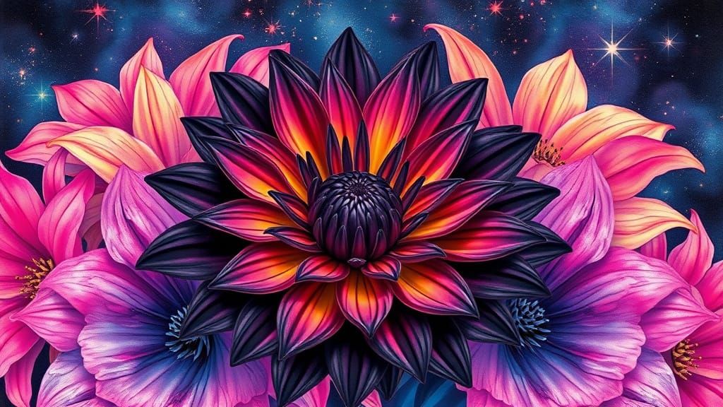 Black Dahlia in Vibrant Neon Cosmos