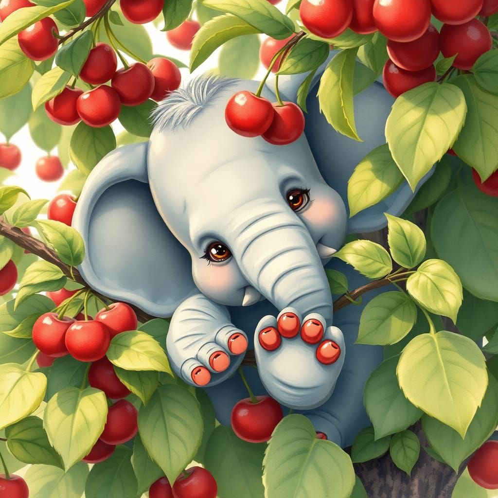 Whimsical Elephant Hides in Cherry Tree with Red Toenails