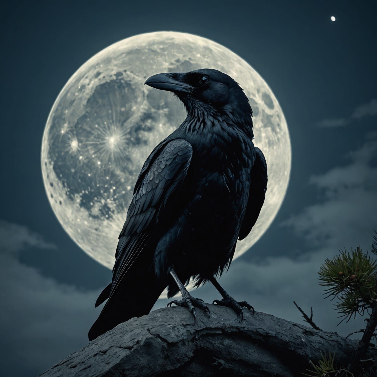 Dramatic Raven on Full Moon in Cinematic Style