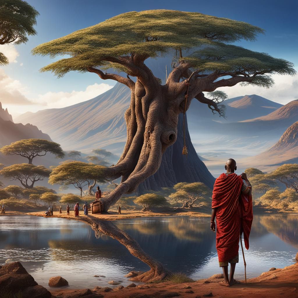 Maasai People Under Baobab Tree with Kilimanjaro