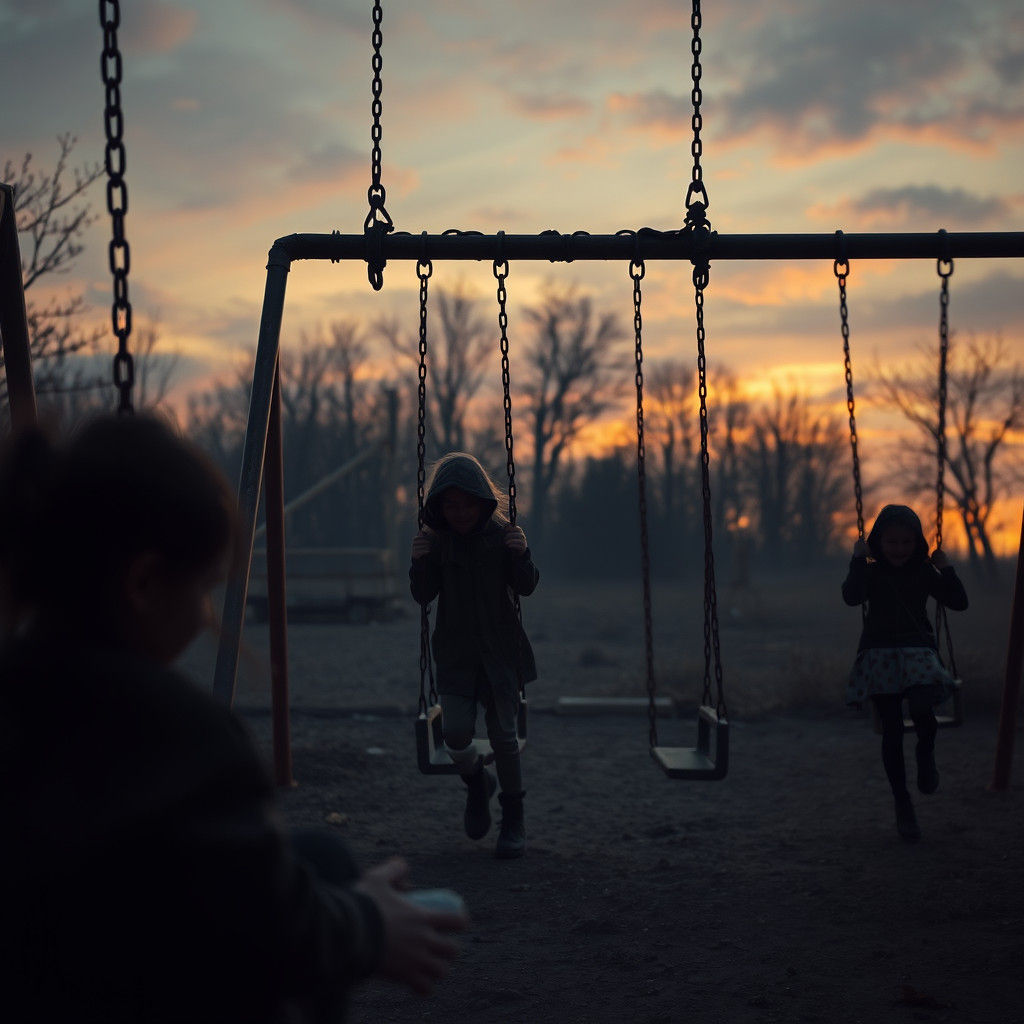 Ethereal Abandoned Playground with Shadowy Children