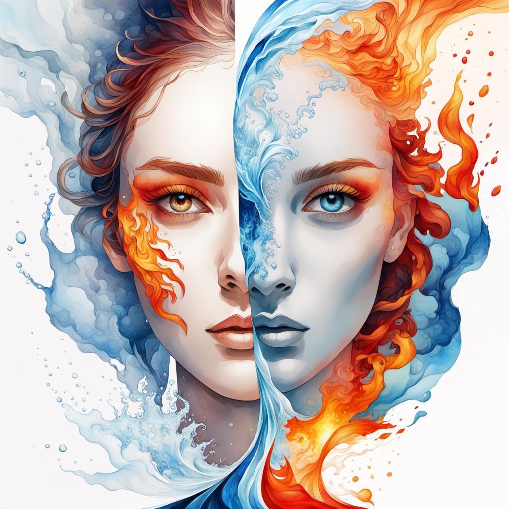 Watercolor Portrait: Fire and Ice Theme