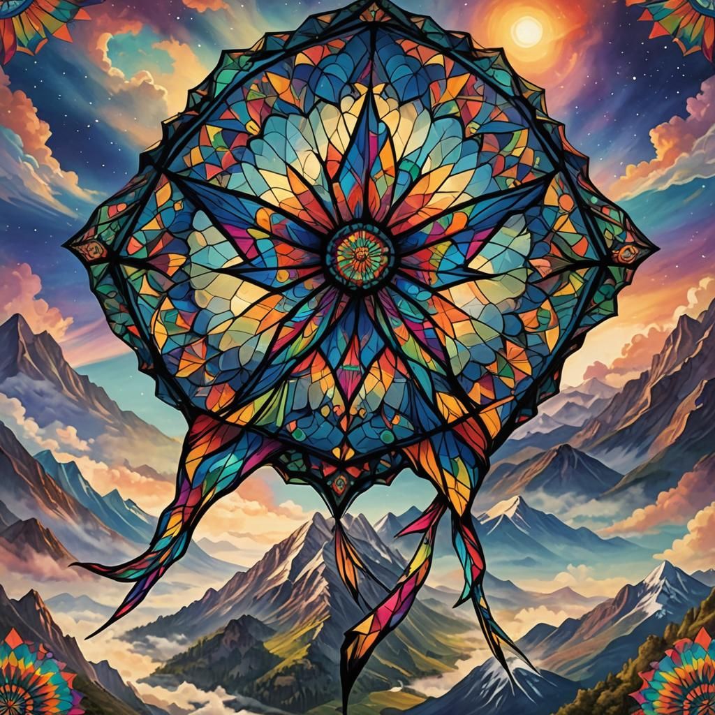 Stained Glass Kite over Mountain Landscape
