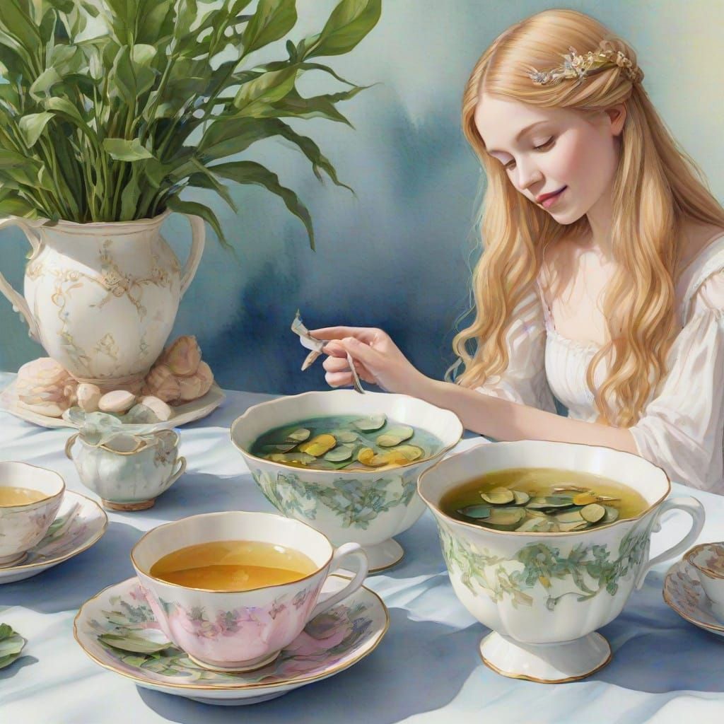 Underwater Tea Party with Mermaids in Watercolor Style