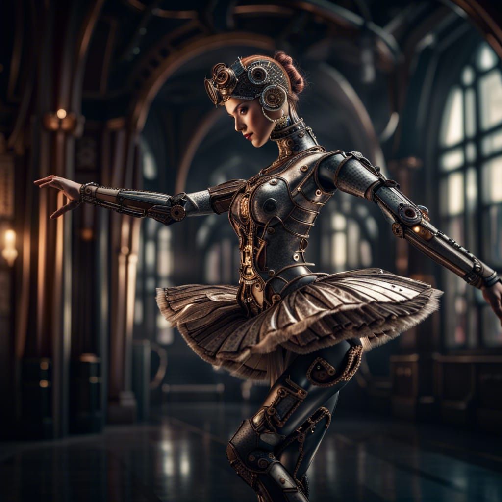 Steampunk Robot Ballerina in Hyperrealistic Style