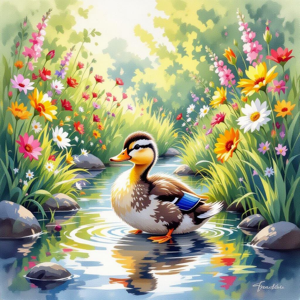 Duckling in Sunlit River Garden: Watercolour Fine Art