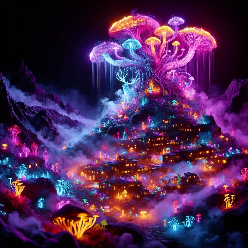 Glowing Mushroom Village with Stag Silhouette in Fantasycore...