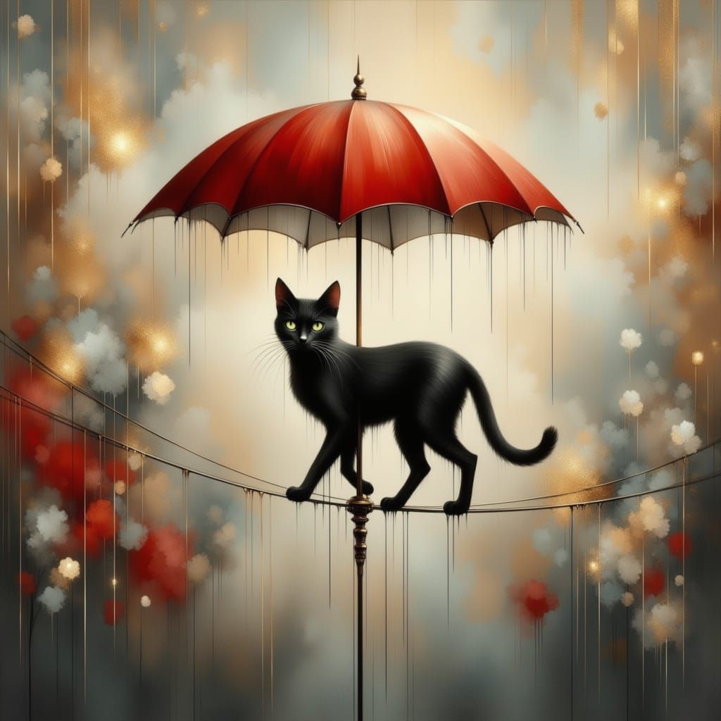 Ethereal Black Cat Balances on Vibrant Tightrope