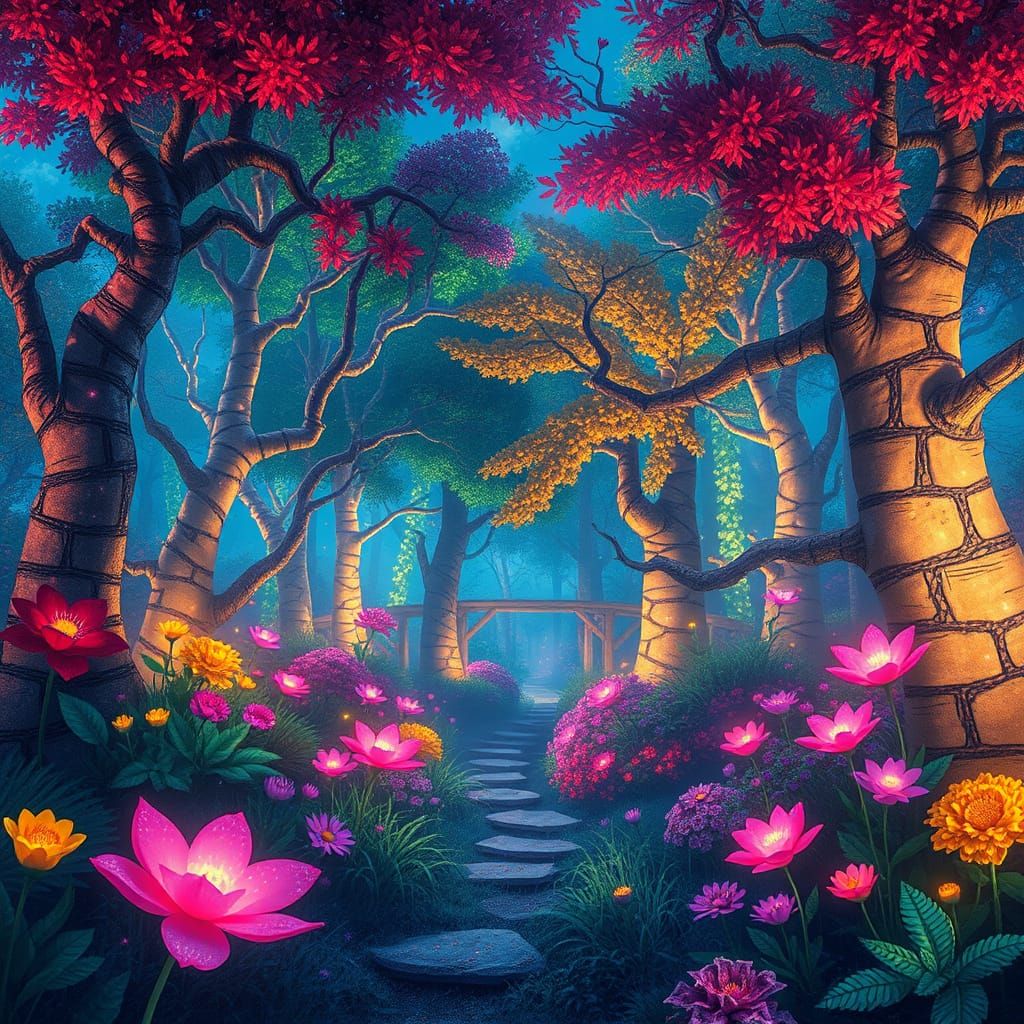 Enchanted Forest with Luminous Trees and Flying Creatures