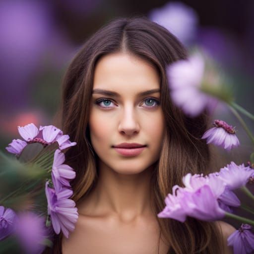 Woman Surrounded by Colorful Flowers: Professional Portrait