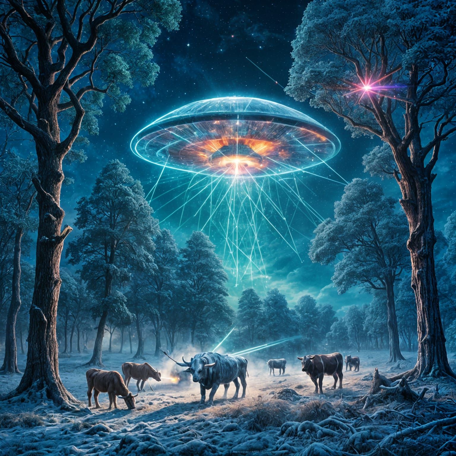 Alien UFO shooting a freeze laser at a cow
