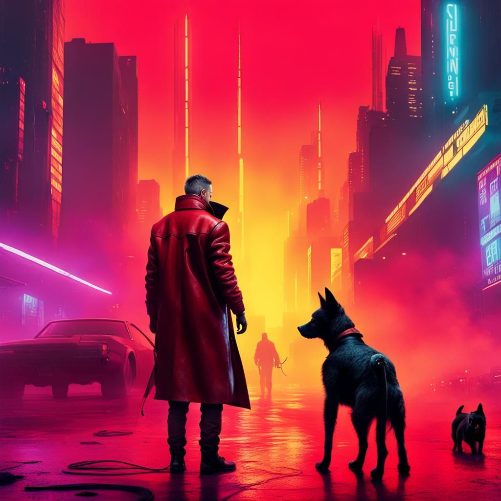 Cyberpunk Man and Dog in Apocalyptic Cityscape