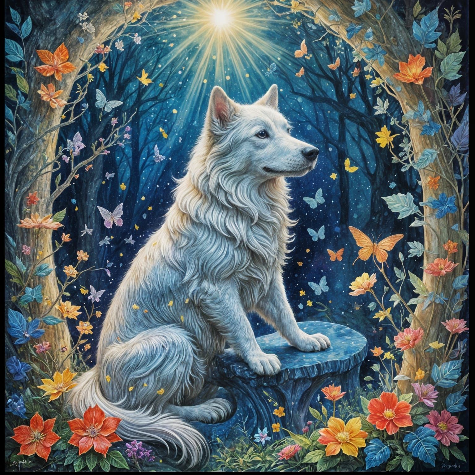 Canine Cosmic Ruler in Whimsical Watercolor Realm