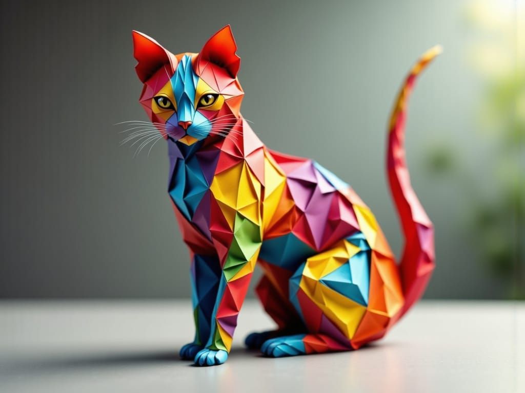 Origami Cat in Vibrant Colors, Hyperrealistic 8K Photo
