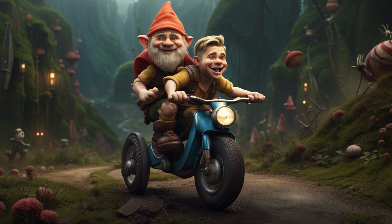Smiling Brad Pitt as Gnome on Monocycle