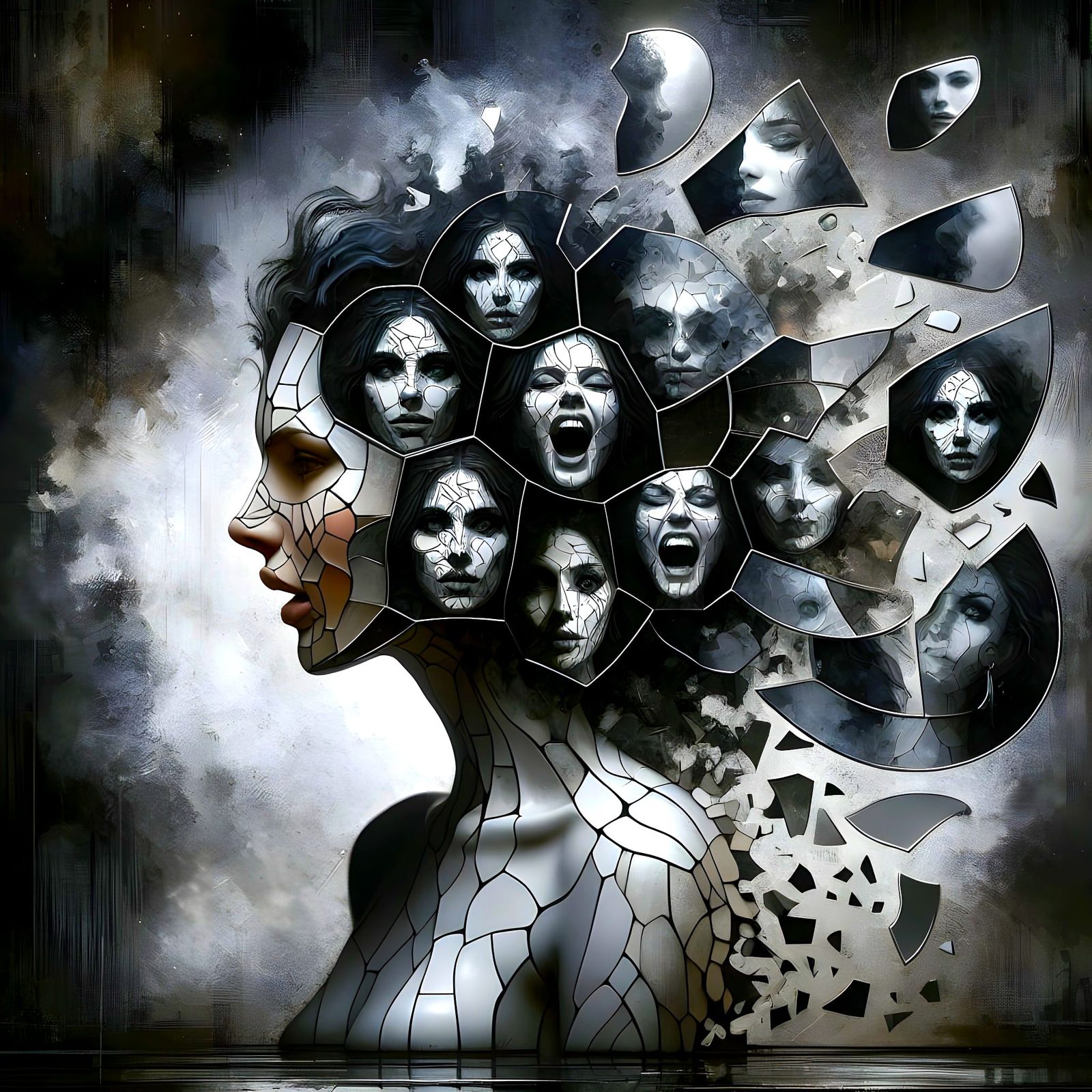 Fragmented Mirror Portrait Reflecting Life Stages