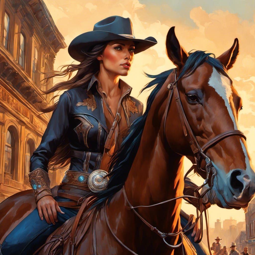 Callie riding her horse Ollie through the western town.