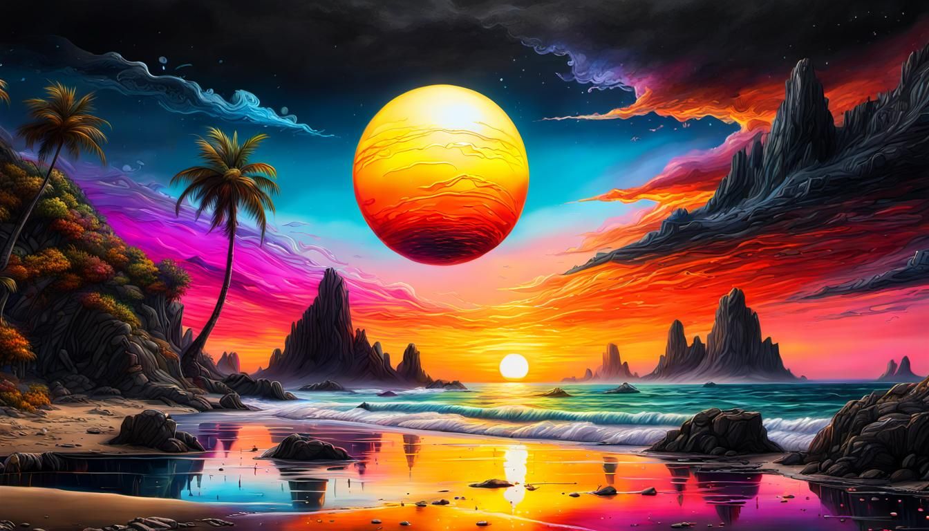 Mystical magical alien world fantasy beach sunset art in oil...