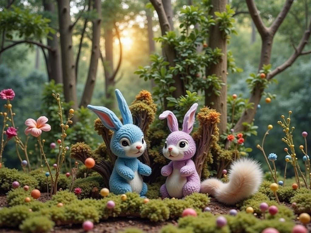 Bunny and Squirrel in Whimsical Forest, Watercolor Style