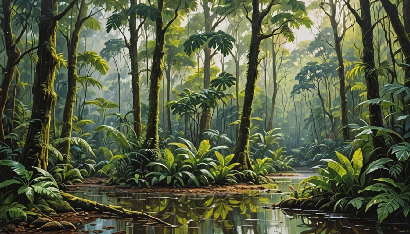 Detailed Oil Painting of a Rainforest at Noon