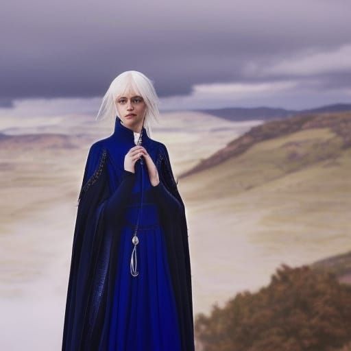 Confident Woman with Blue Hair in Pre-Raphaelite Style